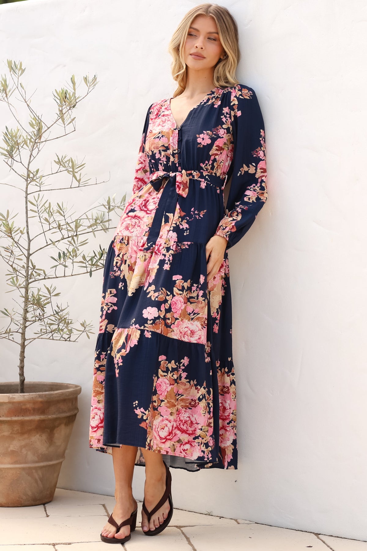 Cassandra Midi Dress - Tiered Long Sleeve Dress with Waist Tie in Vela Print Navy