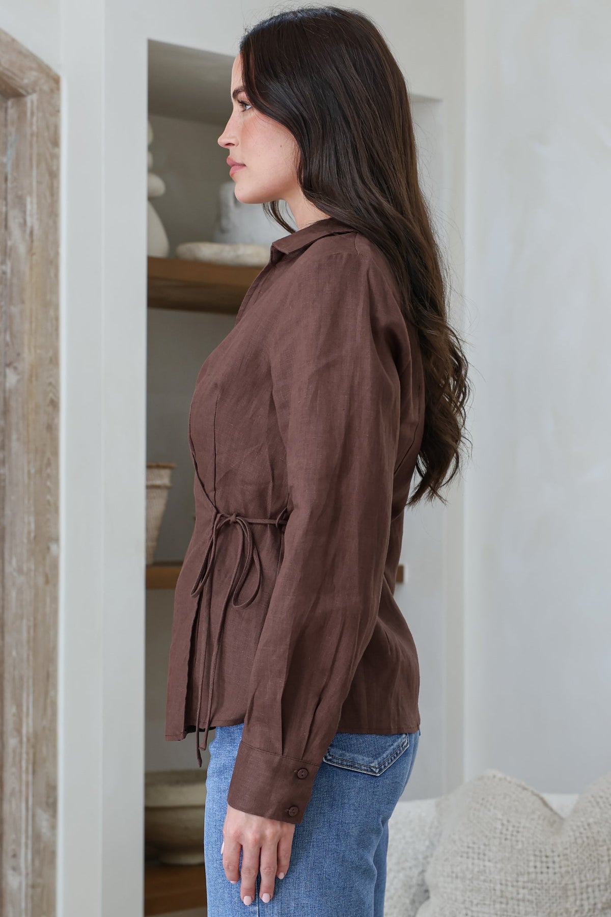 Daley Top - Wing Collar V Neck Wrap at the Waist Linen Top in Chocolate