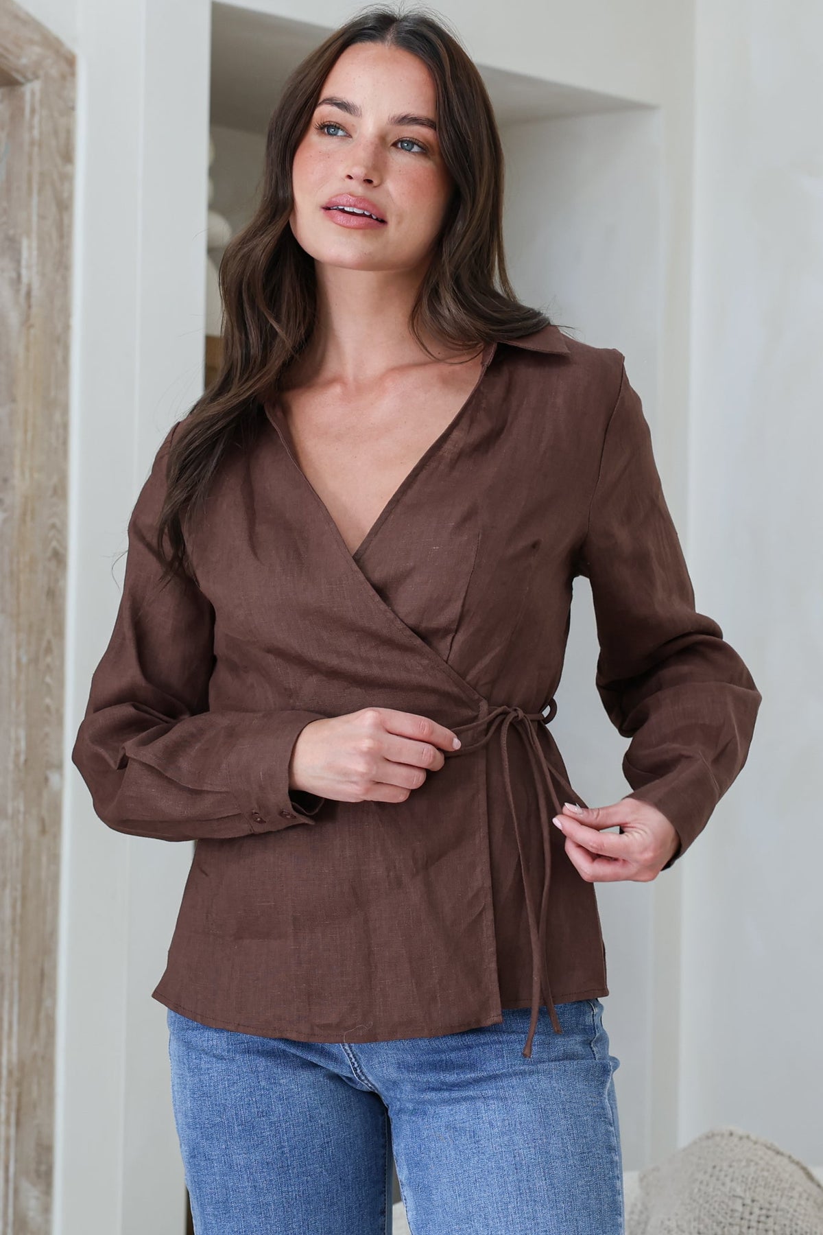 Daley Top - Wing Collar V Neck Wrap at the Waist Linen Top in Chocolate
