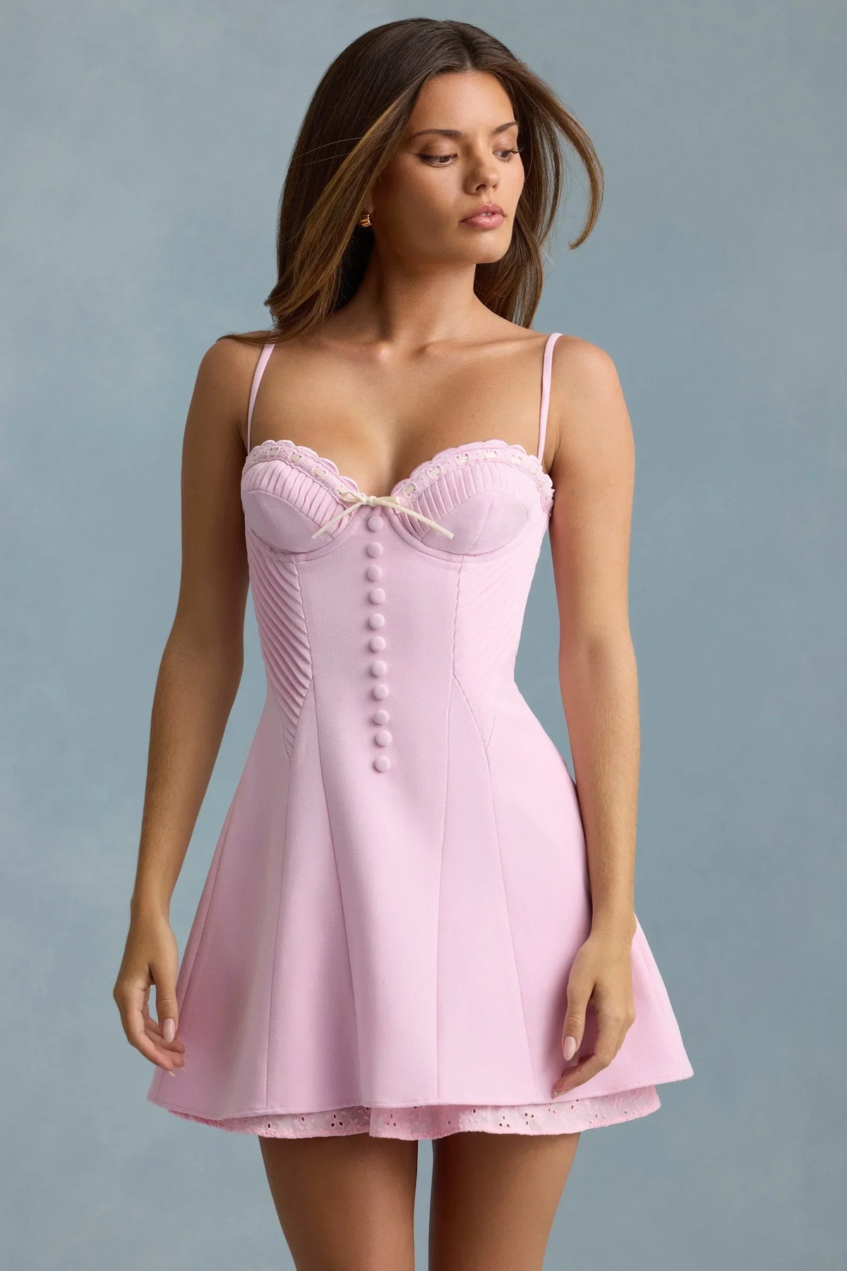 Bow-Detail Scalloped A-Line Mini Dress in Soft Pink