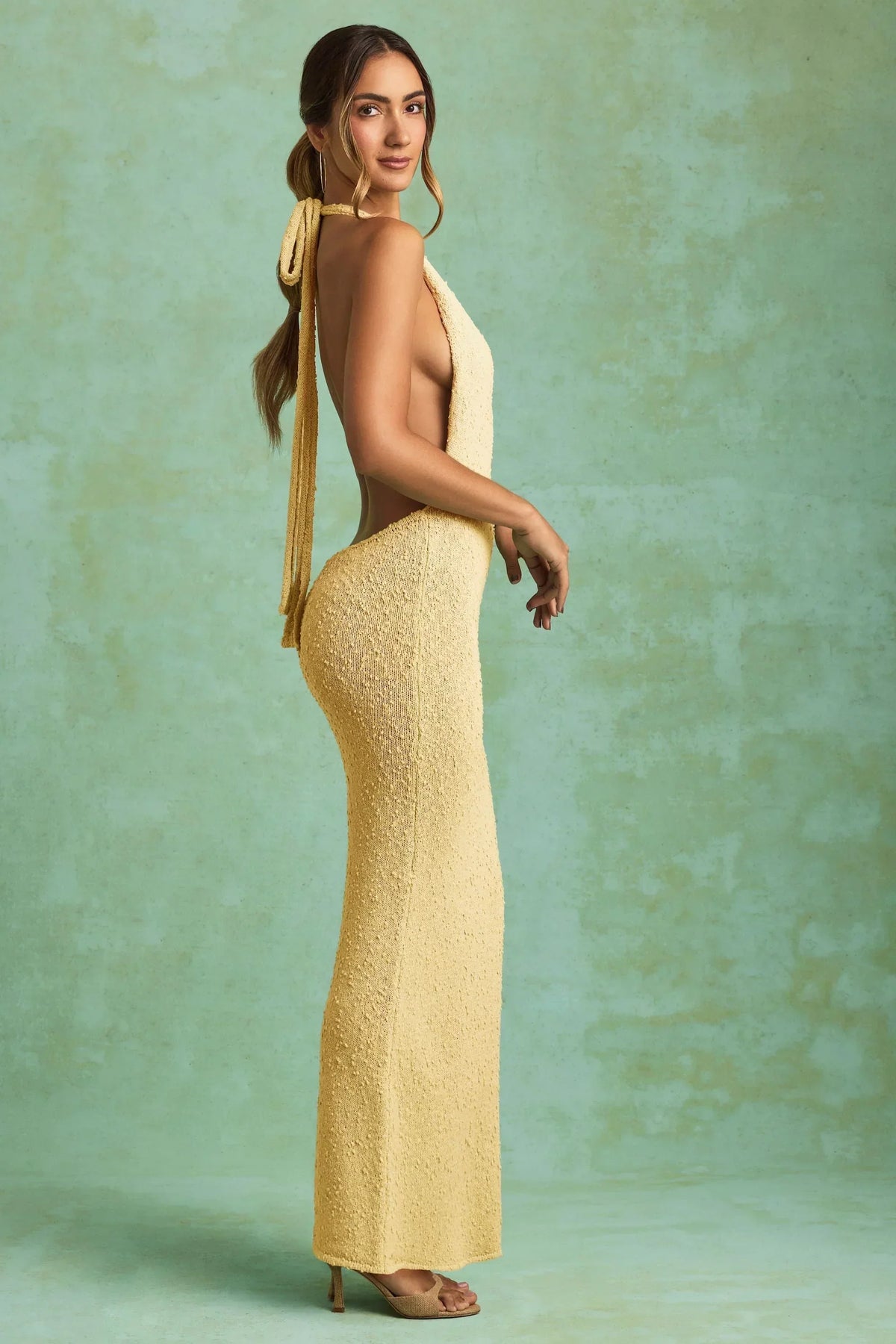 Bouclé Halterneck Maxi Dress in Yellow