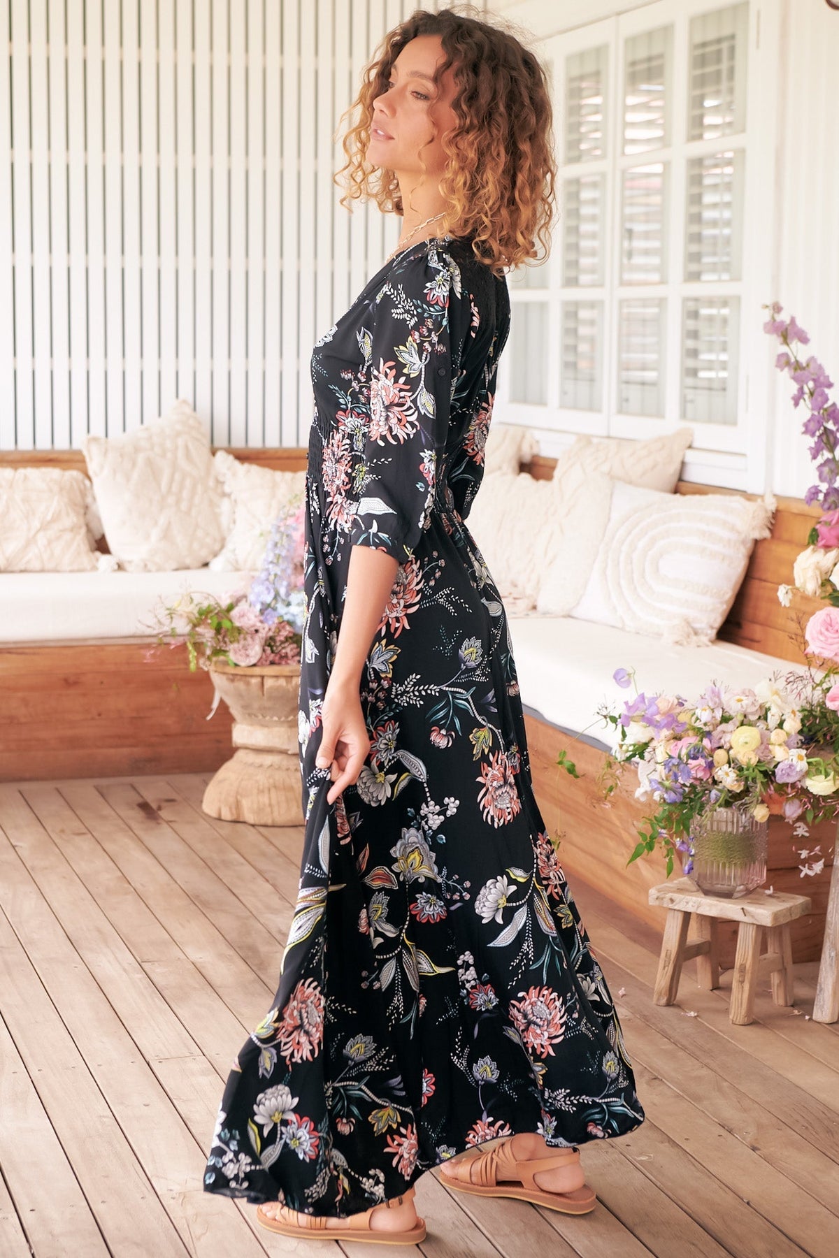 JAASE - Indiana Maxi Dress: Lace Back Shirred Waist A Line Dress with Handkerchief Hemline in Under The Stars Print