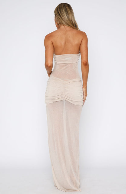 Sheer Grace Strapless Glitter Maxi Dress Champagne