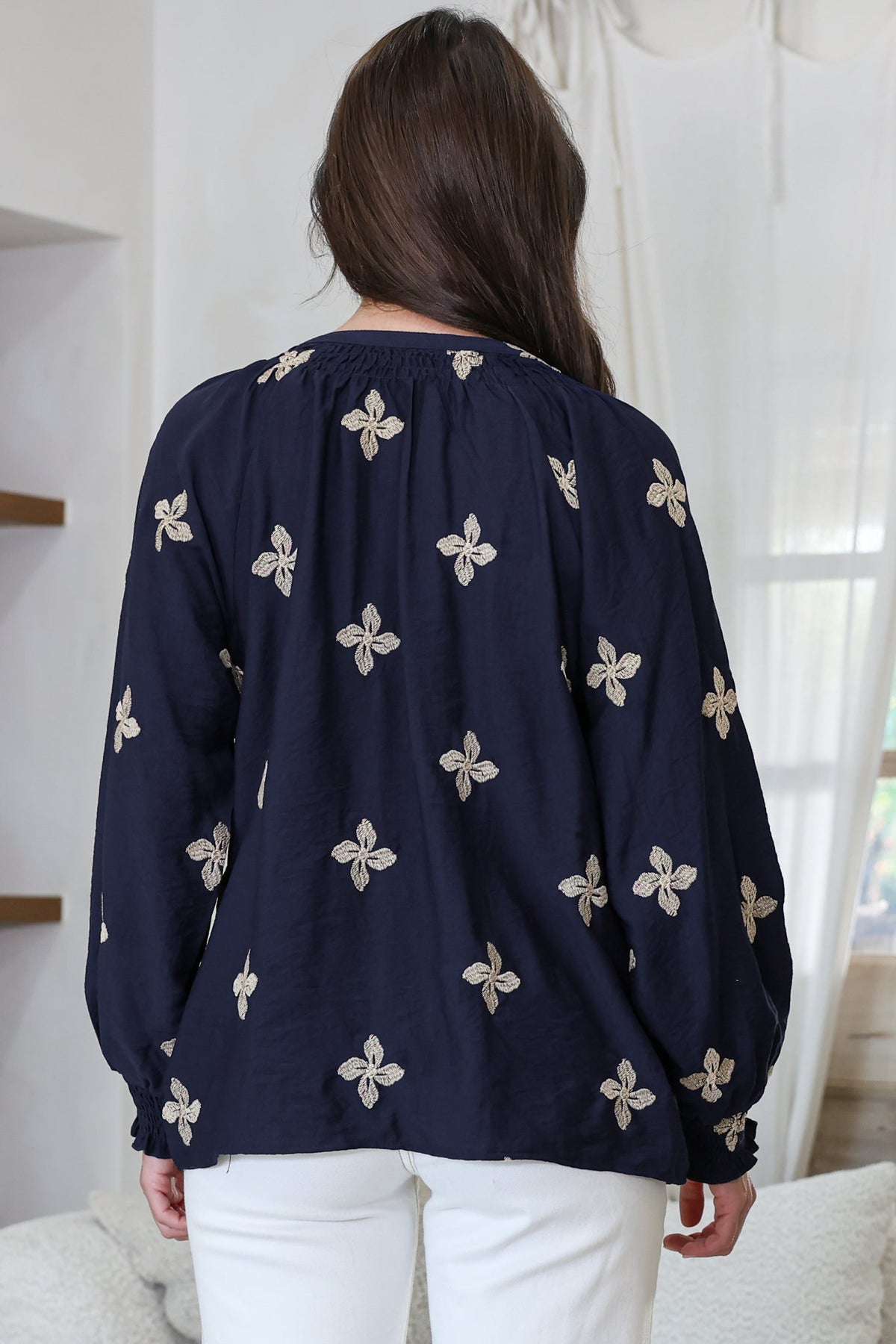 LaBrea Blouse - Mandarin Collar Button Down Embroidered Floral Detailing in Gigi Print Navy