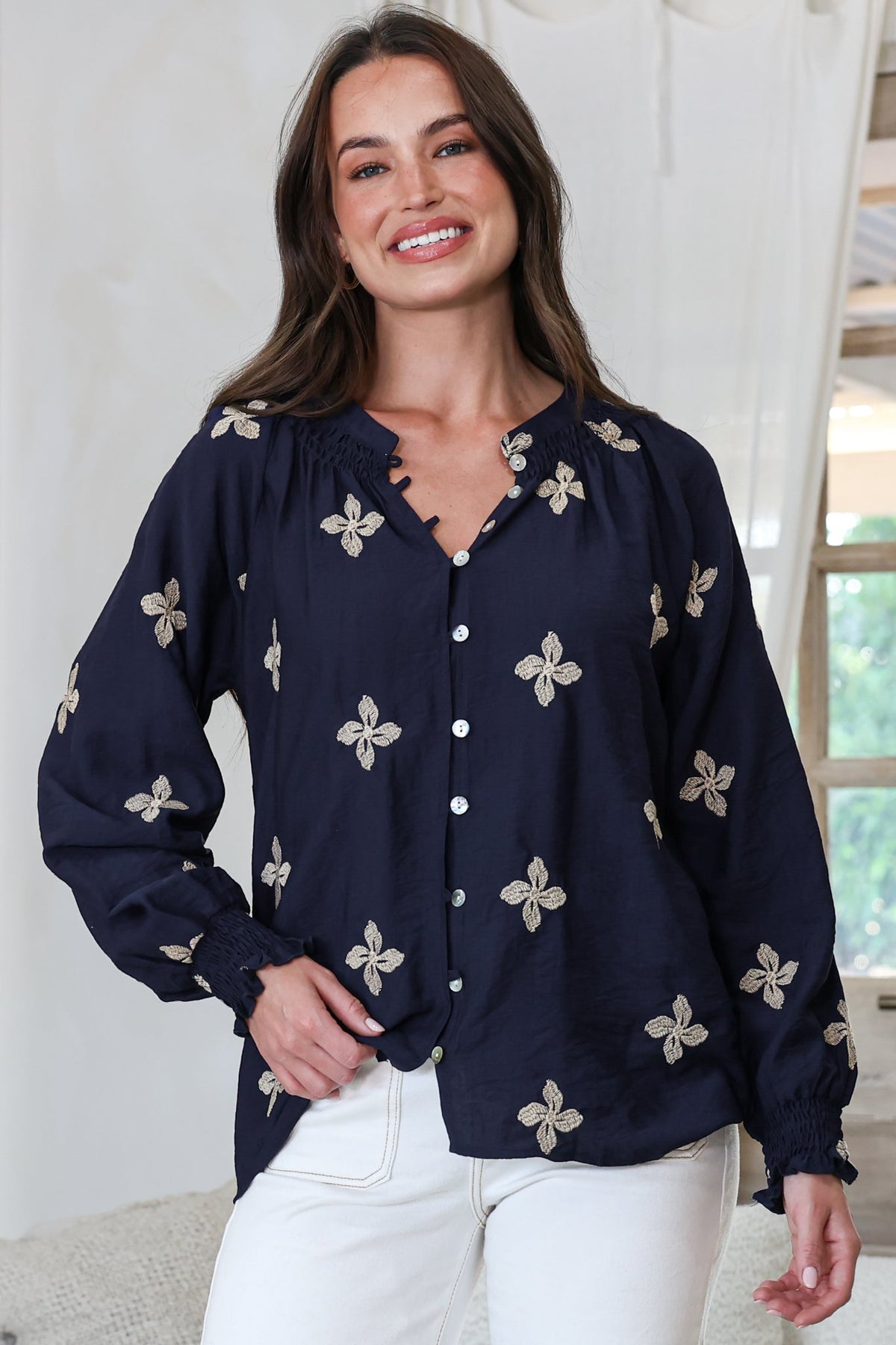 LaBrea Blouse - Mandarin Collar Button Down Embroidered Floral Detailing in Gigi Print Navy