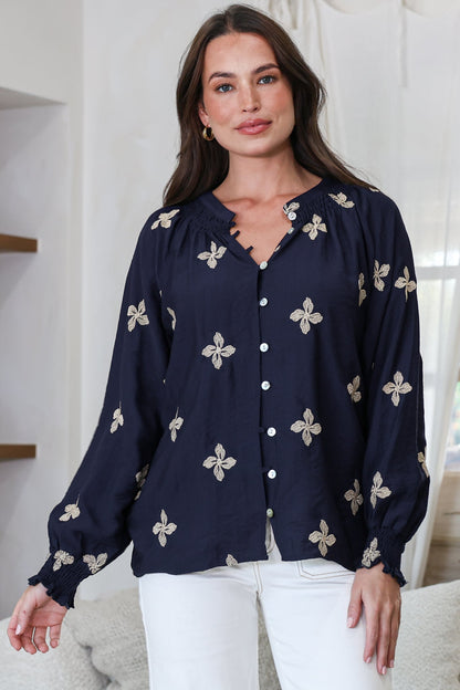 LaBrea Blouse - Mandarin Collar Button Down Embroidered Floral Detailing in Gigi Print Navy