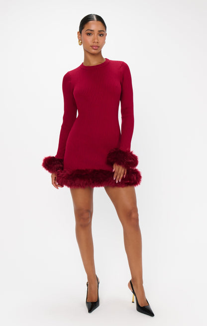 Fran Mini Dress ~ Cranberry Rib with Faux Fur