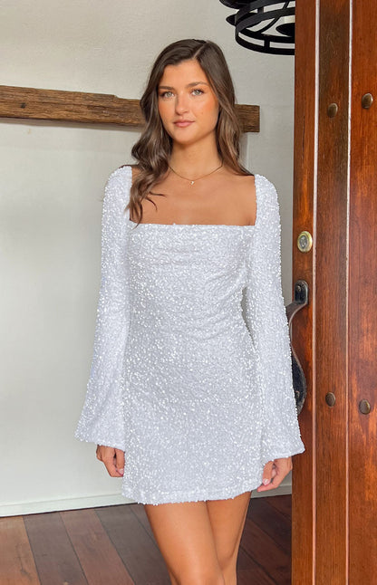 Marienne White Velvet Sequin Long Sleeve Mini Dress