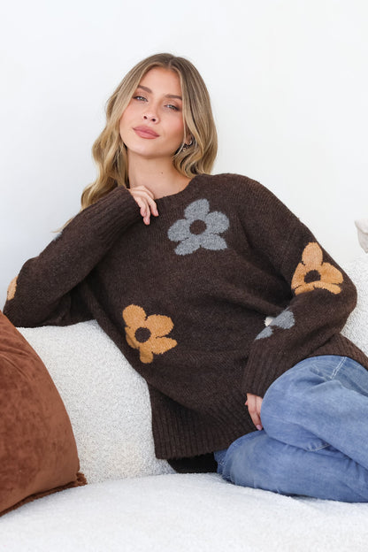 Marlo Jumper - Crew Neck Floral Knit with Ribbed Hemlines in Chocolate