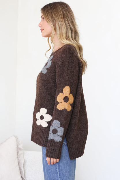 Marlo Jumper - Crew Neck Floral Knit with Ribbed Hemlines in Chocolate