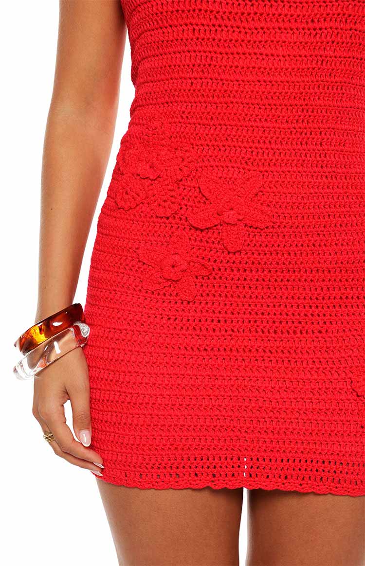Mazzy Red Strapless Crochet Floral Mini Dress