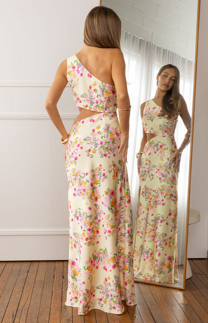 Mellick Yellow Bloom Satin Maxi Dress