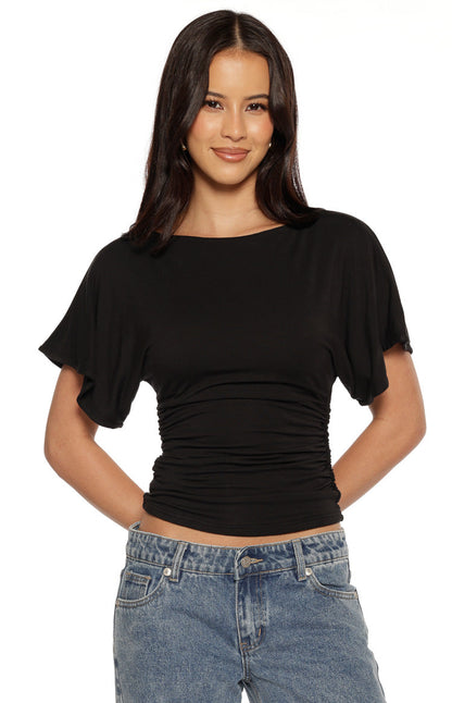 Muriel Black Ruched Waist Jersey Top - PRE ORDER