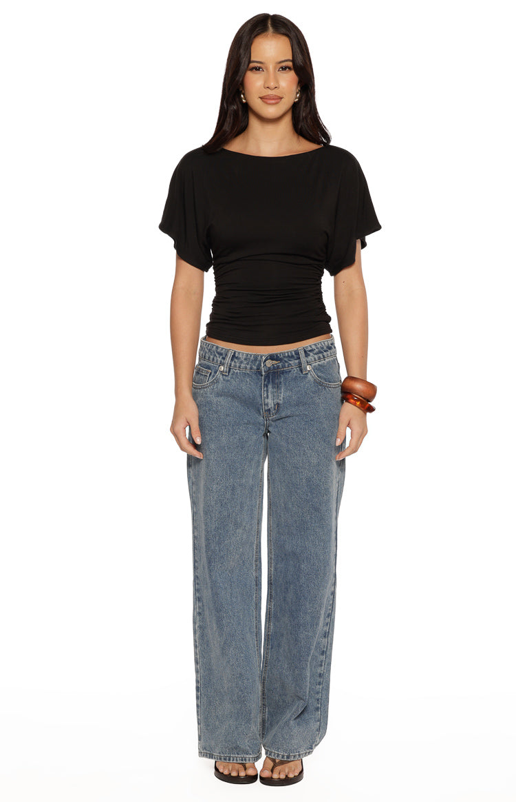 Muriel Black Ruched Waist Jersey Top - PRE ORDER