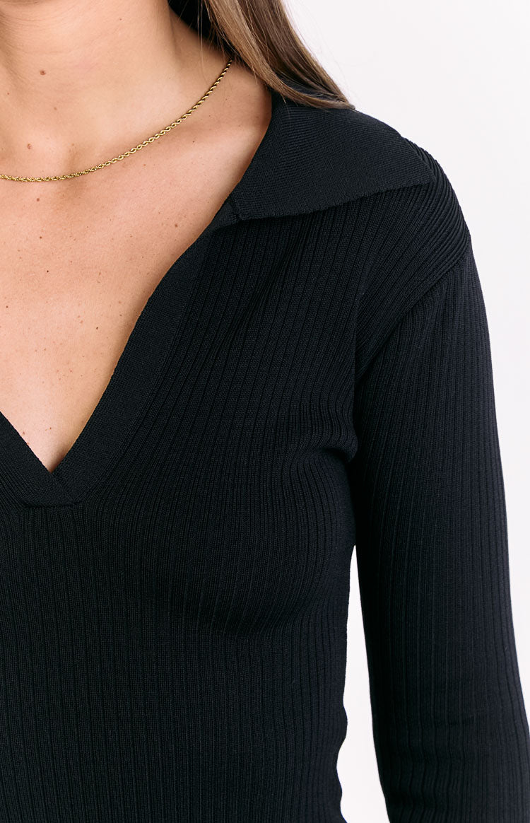 Nina Black Ribbed Knit Long Sleeve Sweater