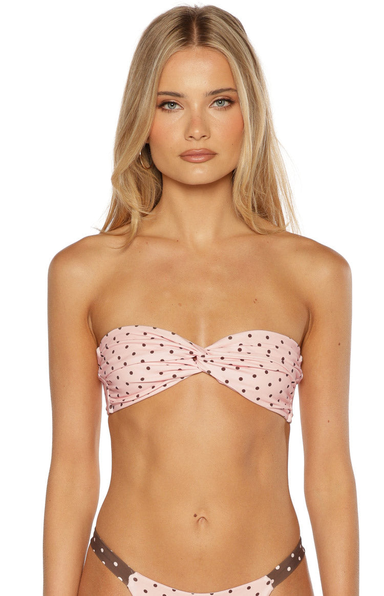 Noosa Pink Polka Dot Strapless Twist Bikini Top