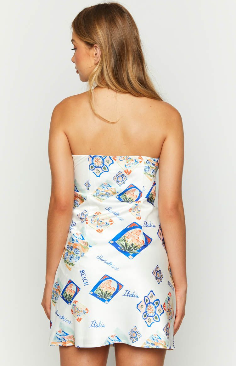Orion White Italia Print Strapless Mini Dress