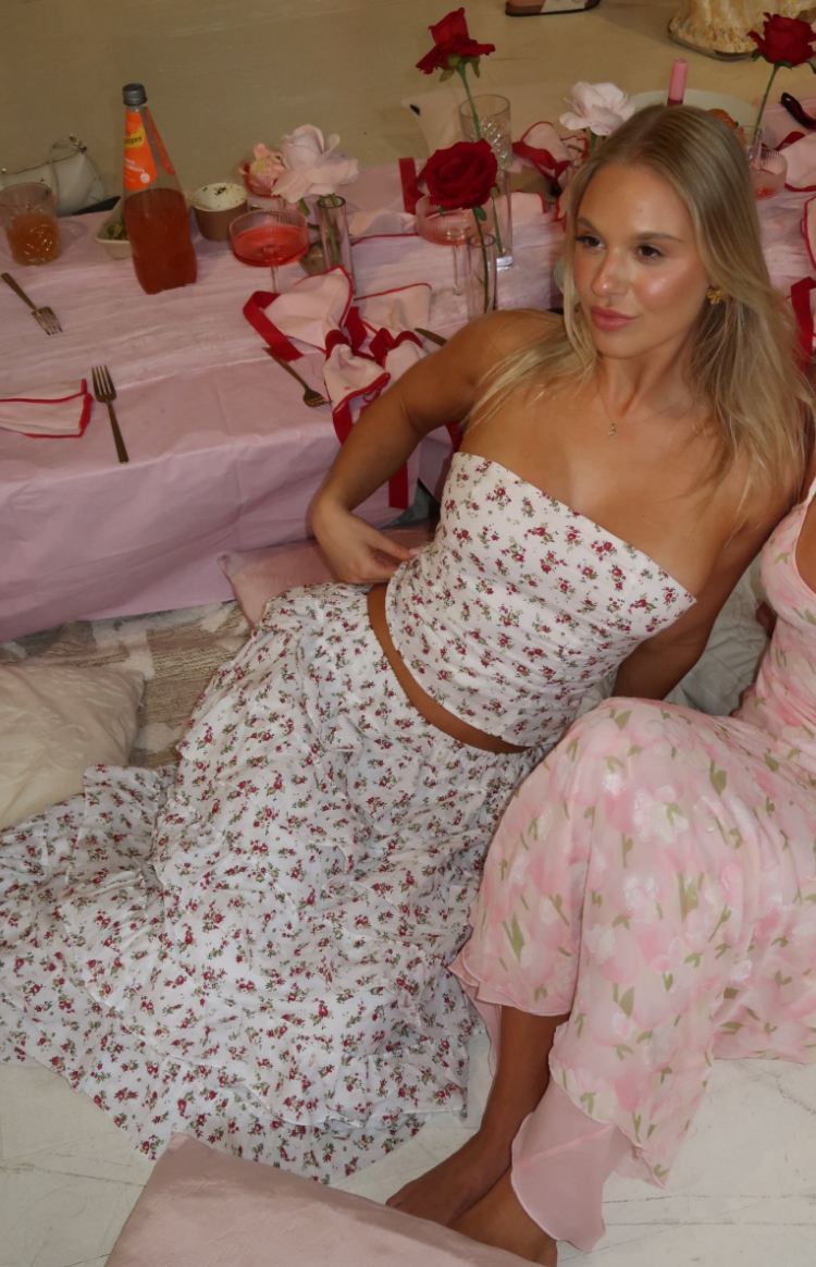 Paisley White Floral Ruffle Maxi Skirt
