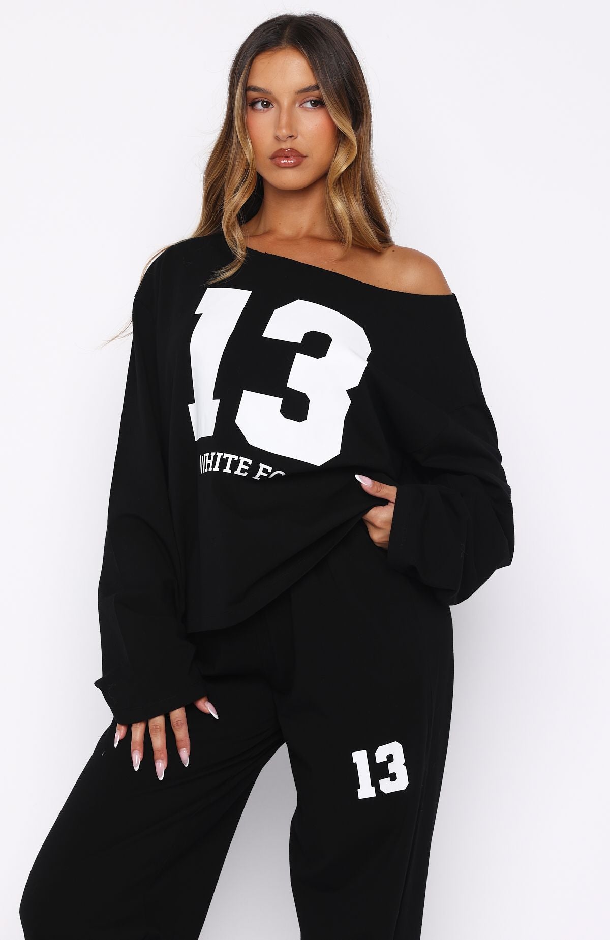 Only One Left Off Shoulder Oversized Long Sleeve Tee Black