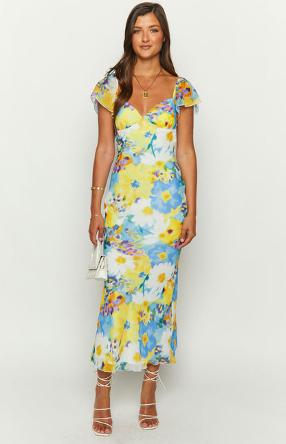 Raymi Blue Floral Chiffon Maxi Dress