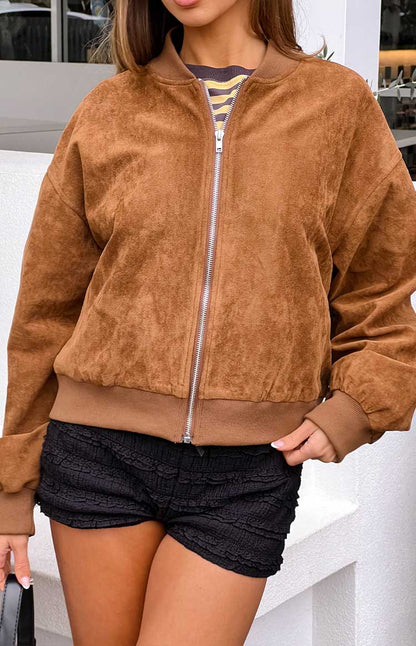 Rebecca Tan Cuffed Suedette Bomber Jacket