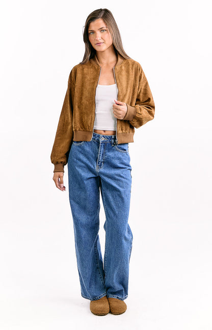 Rebecca Tan Cuffed Suedette Bomber Jacket