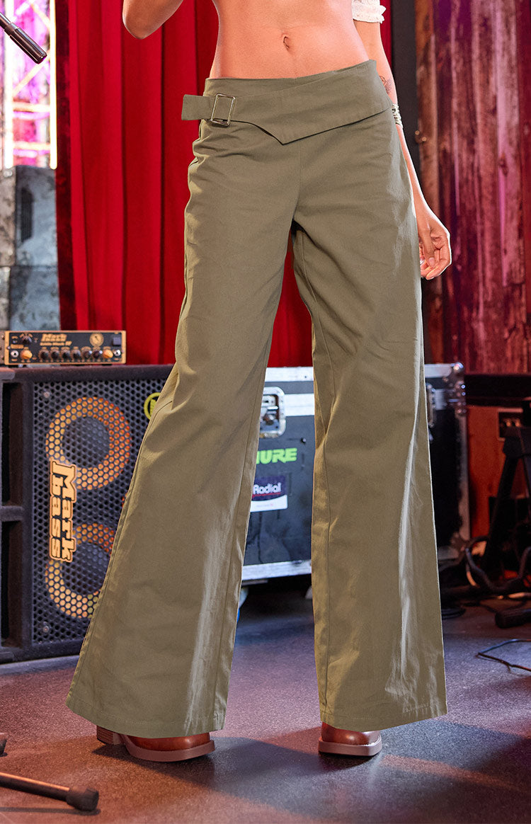 Rewind Green Buckle Detail Straight Leg Pants