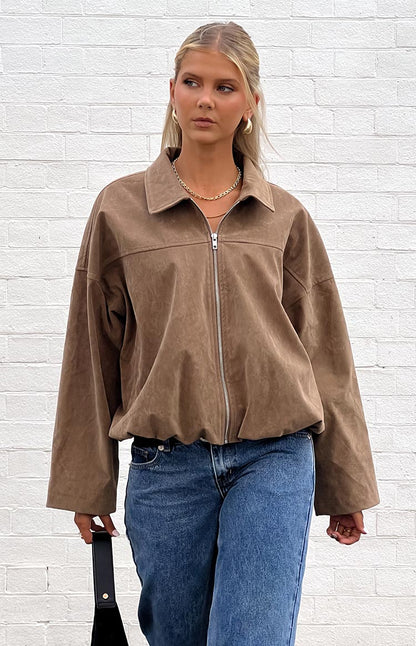 River Brown Suedette Bubble Hem Bomber Jacket