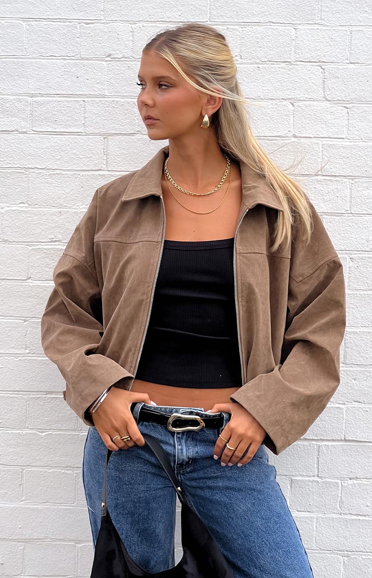 River Brown Suedette Bubble Hem Bomber Jacket