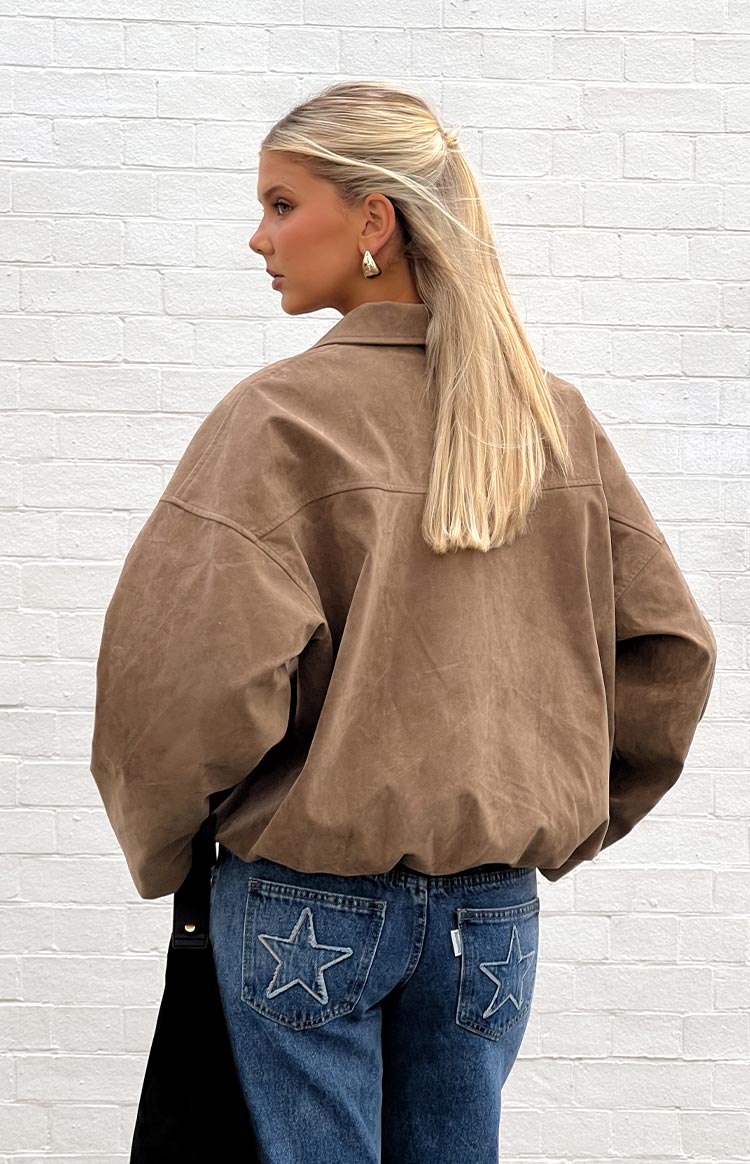 River Brown Suedette Bubble Hem Bomber Jacket