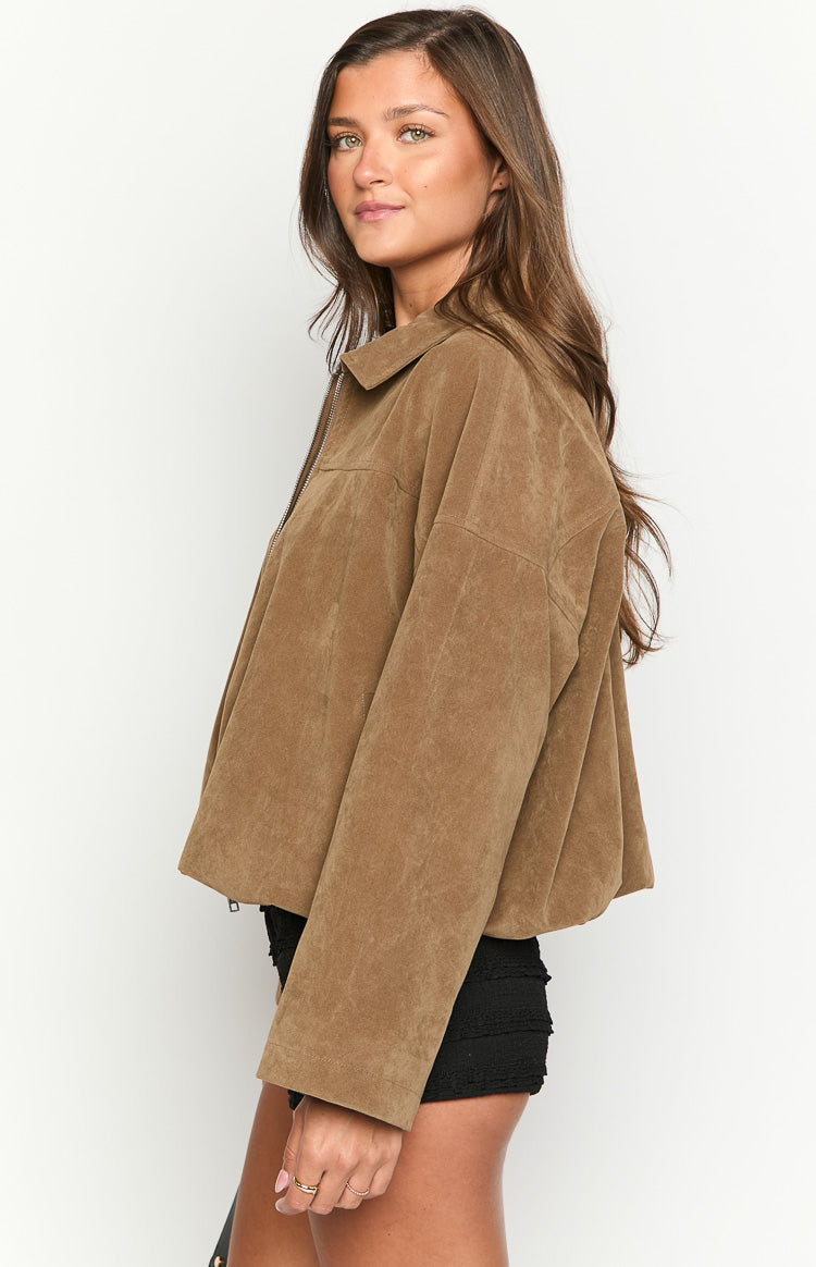 River Brown Suedette Bubble Hem Bomber Jacket