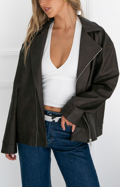 Rochelle PU Chocolate Brown Oversized Biker Jacket