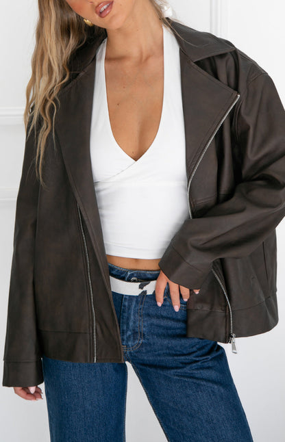 Rochelle PU Chocolate Brown Oversized Biker Jacket