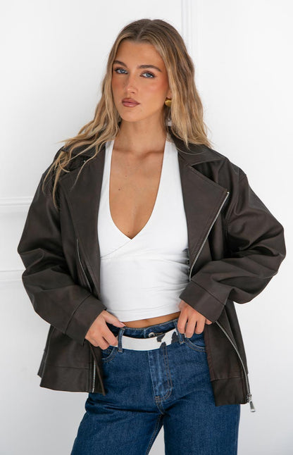 Rochelle PU Chocolate Brown Oversized Biker Jacket