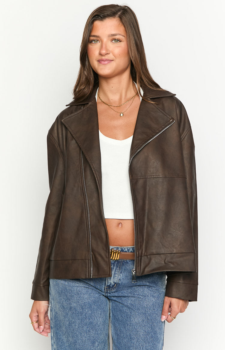 Rochelle PU Chocolate Brown Oversized Biker Jacket