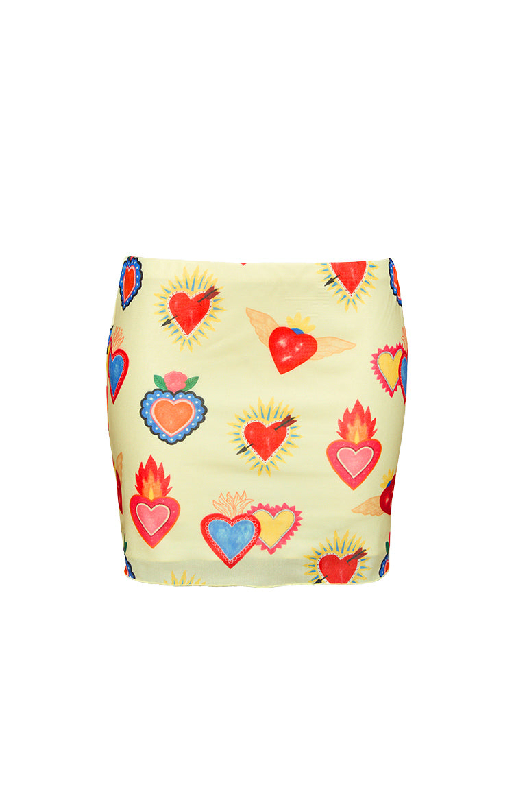 Rosaline Yellow Heart Printed Mesh Mini Skirt