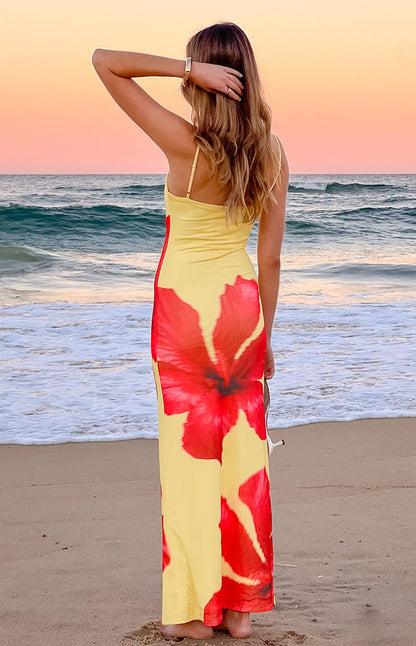 Rosalyn Yellow Hibiscus Print Maxi Dress