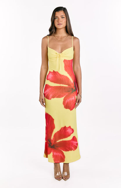Rosalyn Yellow Hibiscus Print Maxi Dress