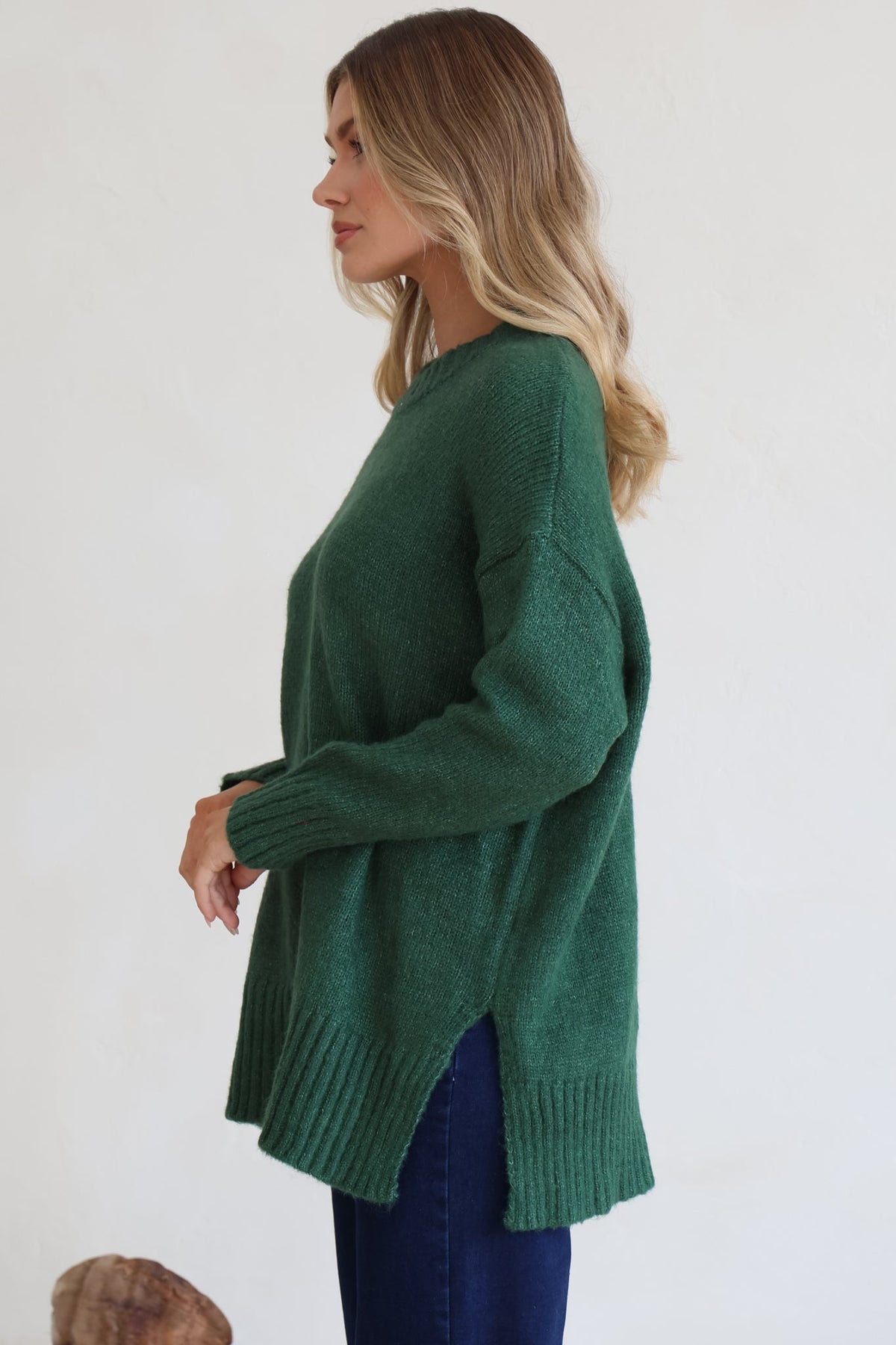 Sammy Jumper - Crew Neck Ribbed Shark Bite Hemline Jumper in Green