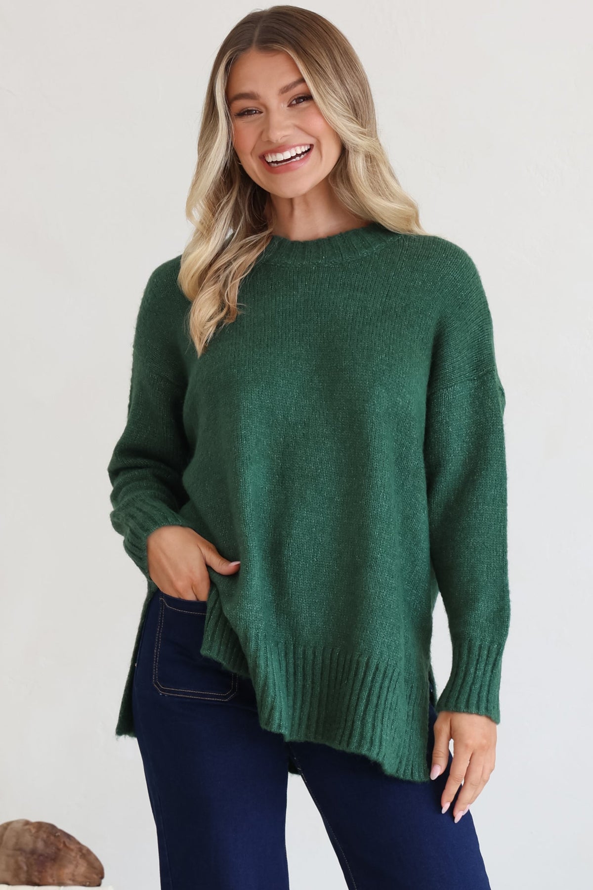 Sammy Jumper - Crew Neck Ribbed Shark Bite Hemline Jumper in Green