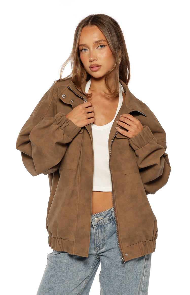 Sapna Brown Oversized Funnel Neck Suedette Jacket