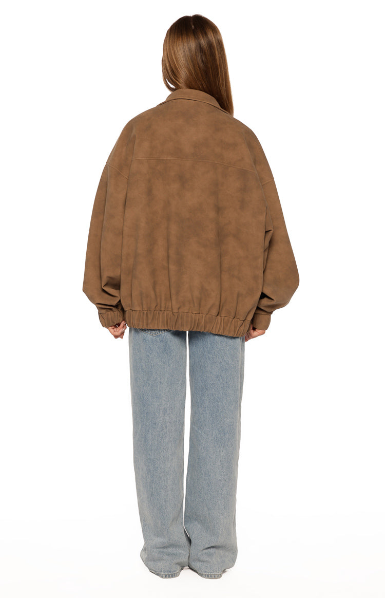 Sapna Brown Oversized Funnel Neck Suedette Jacket