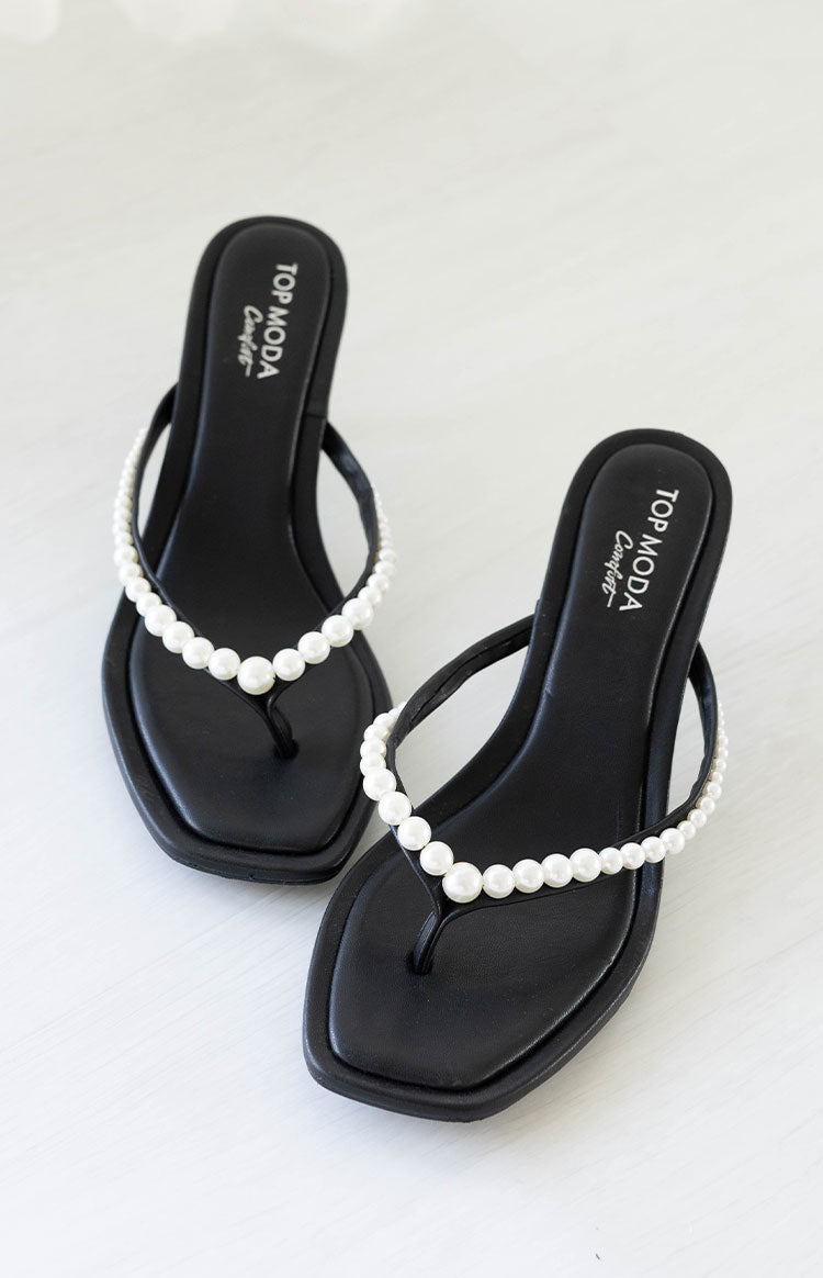 Selena Black Pearl Detail Thong Heels