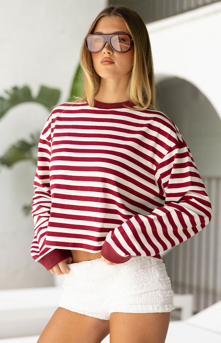 So Breezy Burgundy Stripe Long Sleeve Top