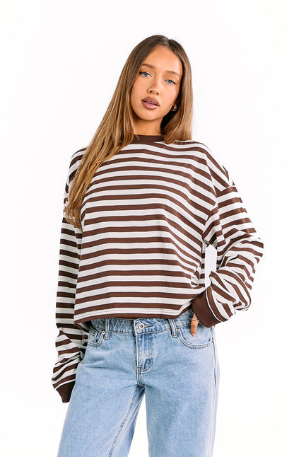 So Breezy Chocolate Stripe Long Sleeve Top
