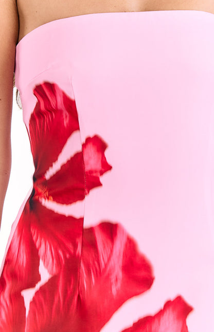 Temmie Pink Hibiscus Print Strapless Mini Dress