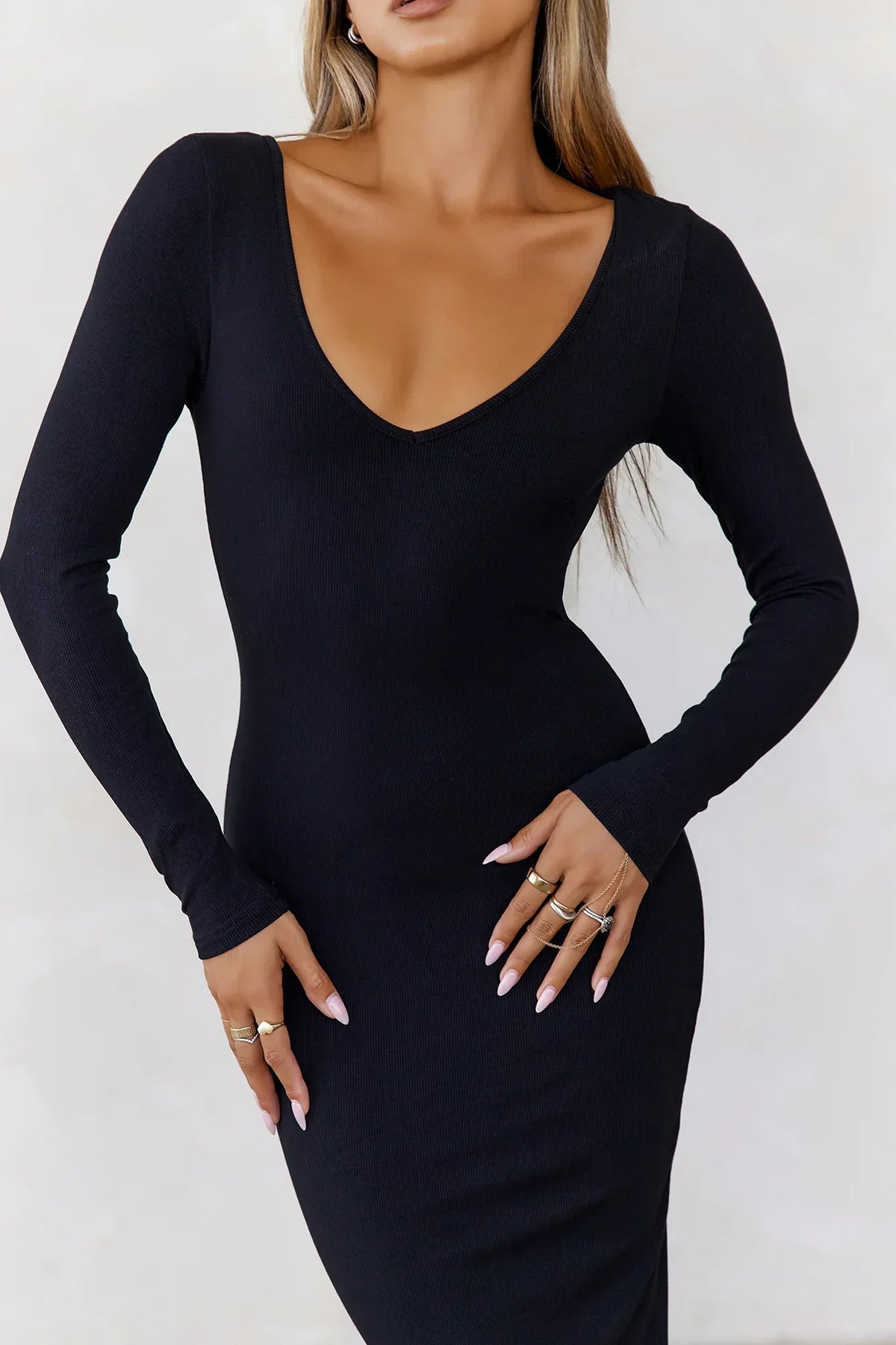 BASE The Must Own Long Sleeve Ribbed Midi Dress Black