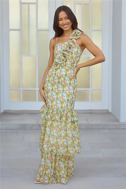 Blooming In Summer One Shoulder Maxi Dress Orange