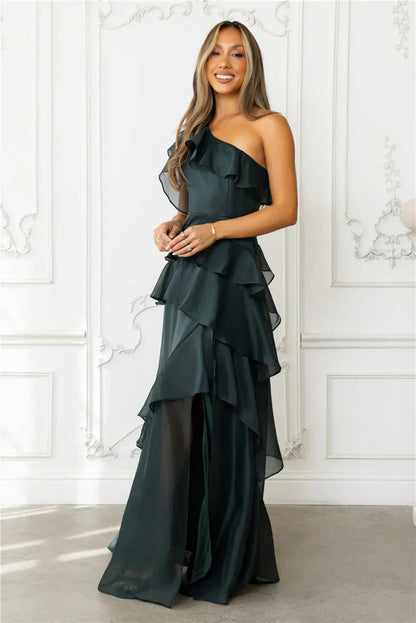 Autumn's Embrace One Shoulder Maxi Dress Hunter Green