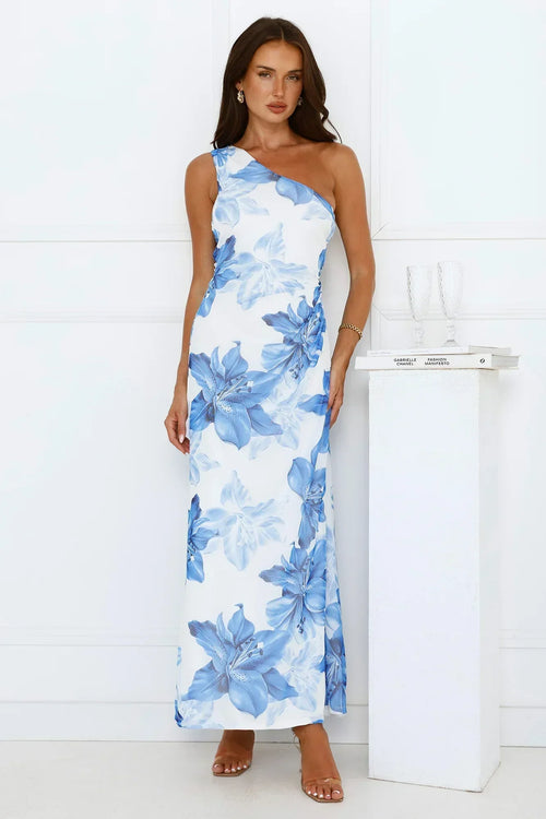 Blueberry Breeze One Shoulder Mesh Maxi Dress Blue